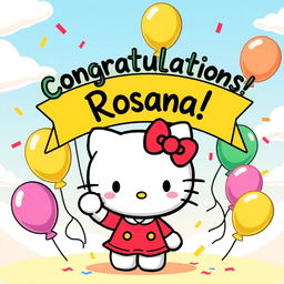 A cute cartoon-style illustration featuring Hello Kitty in her classic outfit, joyfully waving her hand with a cheerful expression