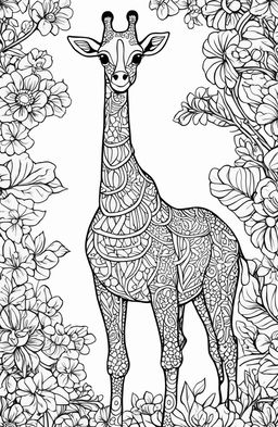 A high-quality, digital art coloring page featuring a minimalist, Johanna Basford-style giraffe