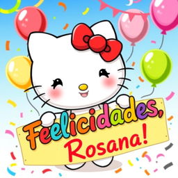 A cute and cheerful illustration of Hello Kitty, the iconic white cat character with a red bow, joyfully celebrating and holding a colorful celebratory banner that says 'Felicidades, Rosana!' in vibrant letters