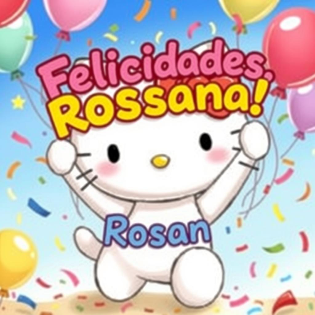 A cute and cheerful illustration of Hello Kitty, the iconic white cat character with a red bow, joyfully celebrating and holding a colorful celebratory banner that says 'Felicidades, Rosana!' in vibrant letters