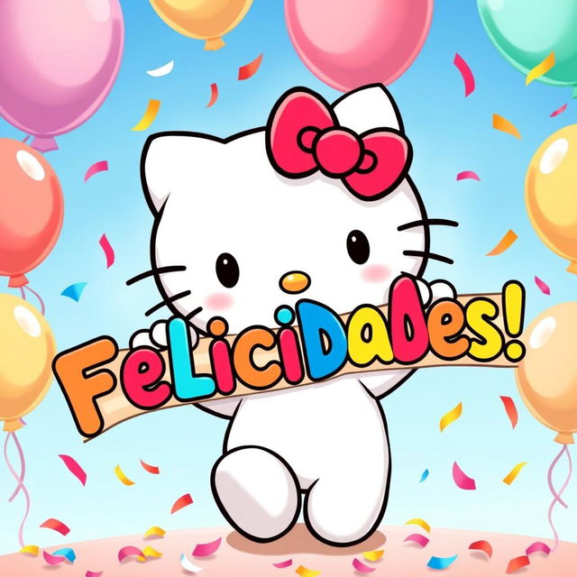 A cute and cheerful illustration of Hello Kitty, the iconic white cat character with a red bow, joyfully celebrating and holding a colorful celebratory banner that says 'Felicidades, Rosana!' in vibrant letters