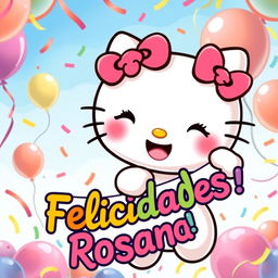 A cute and cheerful illustration of Hello Kitty, the iconic white cat character with a red bow, joyfully celebrating and holding a colorful celebratory banner that says 'Felicidades, Rosana!' in vibrant letters