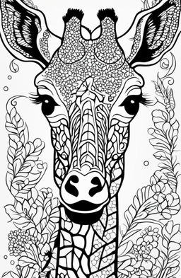 A high-quality, digital art coloring page featuring a minimalist, Johanna Basford-style giraffe