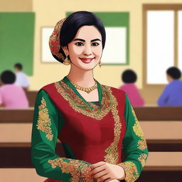 A vibrant digital art image showcasing a beautiful female teacher in Indonesia, dressed in a traditional kebaya