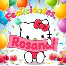 A cute illustration of Hello Kitty, an iconic cartoon character, cheerfully holding a colorful banner that says "Felicidades, Rosana!" in bright, festive letters