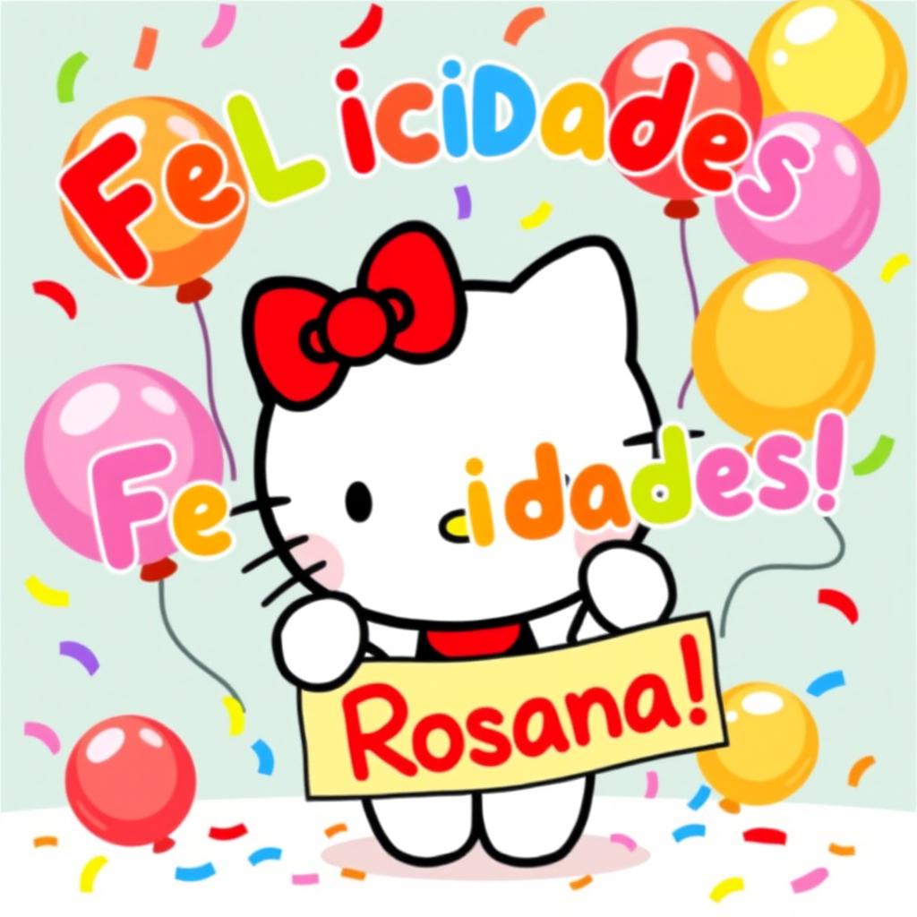 A cute illustration of Hello Kitty, an iconic cartoon character, cheerfully holding a colorful banner that says "Felicidades, Rosana!" in bright, festive letters