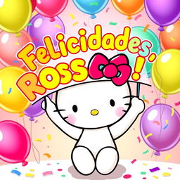 A cute illustration of Hello Kitty, an iconic cartoon character, cheerfully holding a colorful banner that says "Felicidades, Rosana!" in bright, festive letters