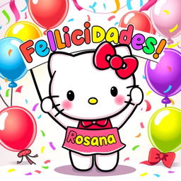 A cute illustration of Hello Kitty, an iconic cartoon character, cheerfully holding a colorful banner that says "Felicidades, Rosana!" in bright, festive letters