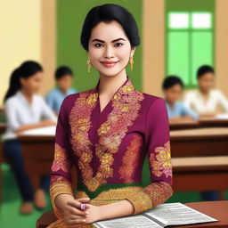 A vibrant digital art image showcasing a beautiful female teacher in Indonesia, dressed in a traditional kebaya