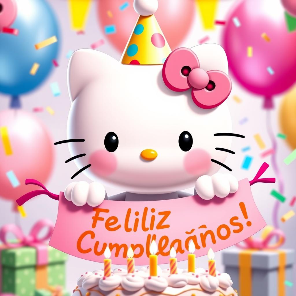 A cute and cheerful Hello Kitty character with a big smile, wearing a festive party hat and surrounded by colorful birthday decorations