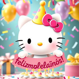A cute and cheerful Hello Kitty character with a big smile, wearing a festive party hat and surrounded by colorful birthday decorations