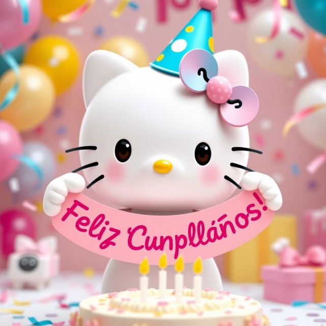 A cute and cheerful Hello Kitty character with a big smile, wearing a festive party hat and surrounded by colorful birthday decorations