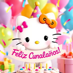 A cute and cheerful Hello Kitty character with a big smile, wearing a festive party hat and surrounded by colorful birthday decorations