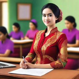 A vibrant digital art image showcasing a beautiful female teacher in Indonesia, dressed in a traditional kebaya