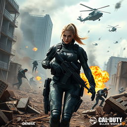 A powerful, female soldier named Denise in a futuristic battlefield inspired by Call of Duty