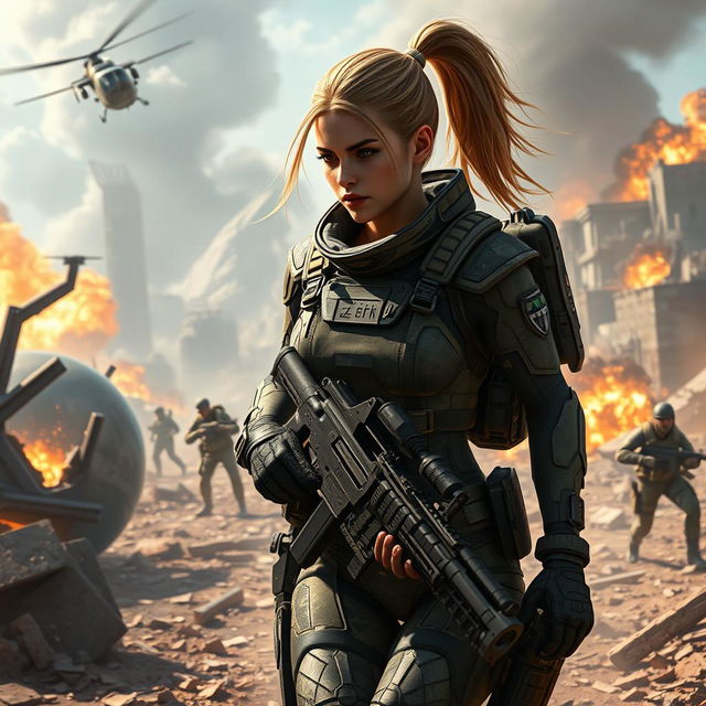 A powerful, female soldier named Denise in a futuristic battlefield inspired by Call of Duty