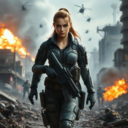 A powerful, female soldier named Denise in a futuristic battlefield inspired by Call of Duty