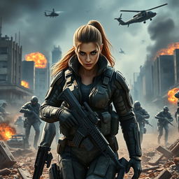 A powerful, female soldier named Denise in a futuristic battlefield inspired by Call of Duty