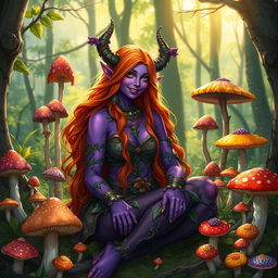 A vibrant tiefling druid with striking violet skin and long, flowing orange hair, sitting amidst a lush forest