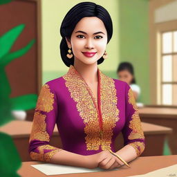 A vibrant digital art image showcasing a beautiful female teacher in Indonesia, dressed in a traditional kebaya