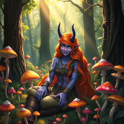 A vibrant tiefling druid with striking violet skin and long, flowing orange hair, sitting amidst a lush forest