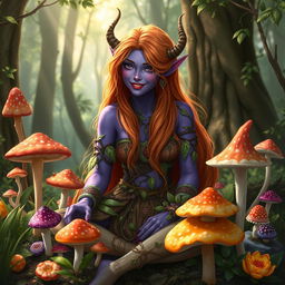 A vibrant tiefling druid with striking violet skin and long, flowing orange hair, sitting amidst a lush forest