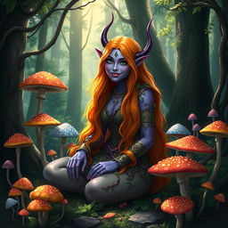 A vibrant tiefling druid with striking violet skin and long, flowing orange hair, sitting amidst a lush forest