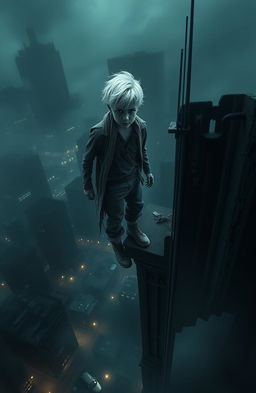 A dark and atmospheric scene featuring a young boy with striking white hair and pale skin, standing precariously on the edge of a tall, crumbling building