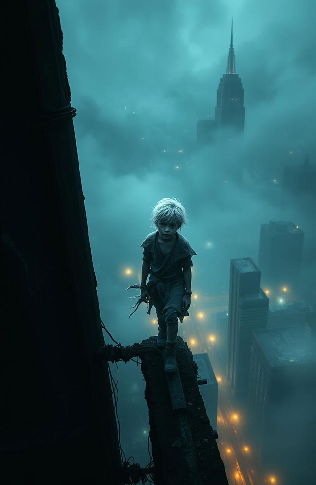 A dark and atmospheric scene featuring a young boy with striking white hair and pale skin, standing precariously on the edge of a tall, crumbling building