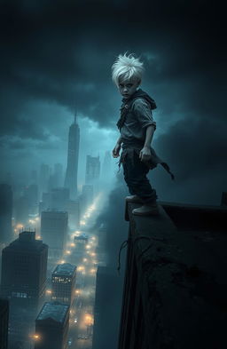 A dark and atmospheric scene featuring a young boy with striking white hair and pale skin, standing precariously on the edge of a tall, crumbling building