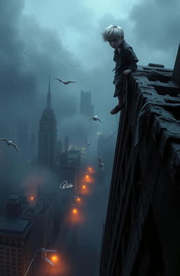 A dark and atmospheric scene featuring a young boy with striking white hair and pale skin, standing precariously on the edge of a tall, crumbling building