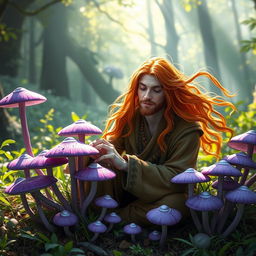 A vibrant scene featuring a druid with flowing orange hair, nestled among a cluster of violet tiefling mushrooms