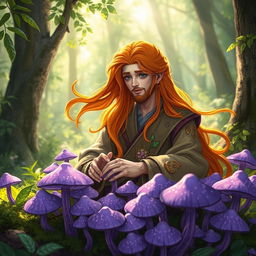 A vibrant scene featuring a druid with flowing orange hair, nestled among a cluster of violet tiefling mushrooms