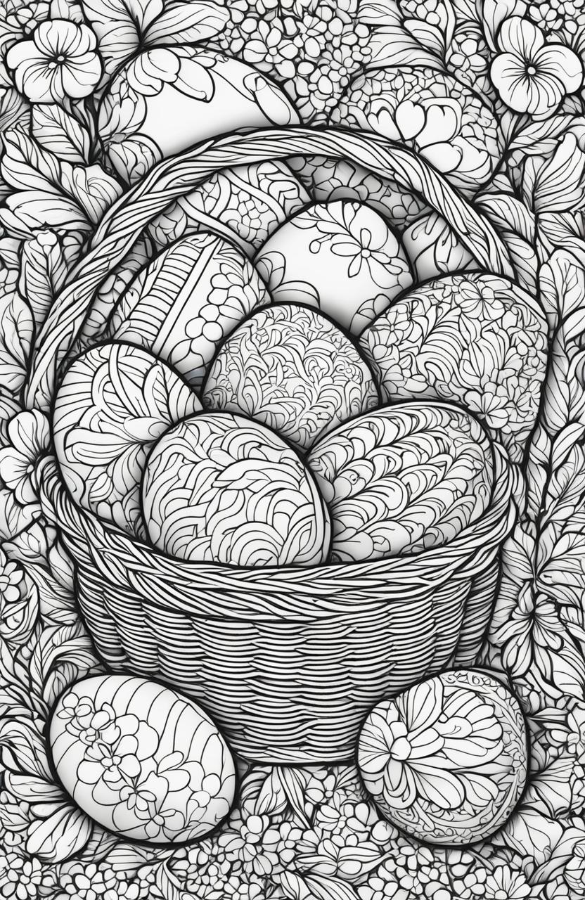 A detailed black and white colouring book page featuring a basket filled with intricately designed Easter eggs