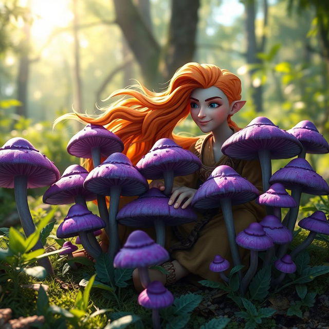 A vibrant scene featuring a druid with flowing orange hair, nestled among a cluster of violet tiefling mushrooms