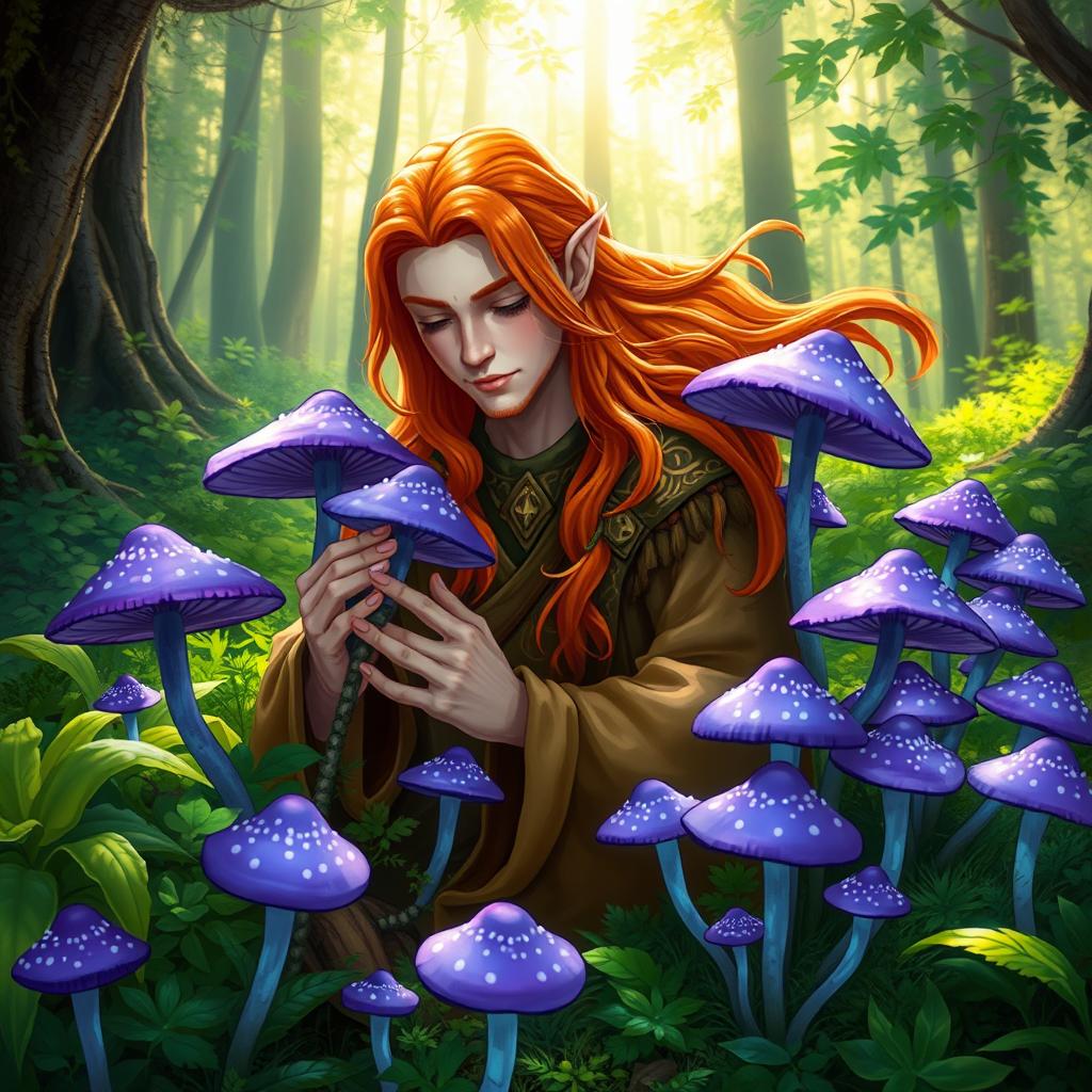 A vibrant scene featuring a druid with flowing orange hair, nestled among a cluster of violet tiefling mushrooms