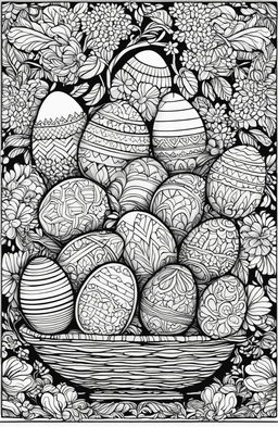 A detailed black and white colouring book page featuring a basket filled with intricately designed Easter eggs