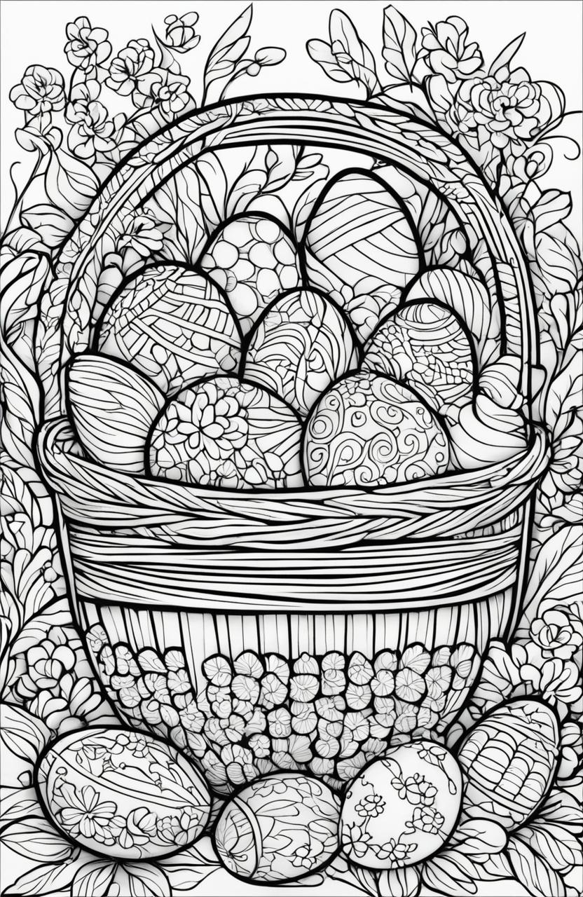 A detailed black and white colouring book page featuring a basket filled with intricately designed Easter eggs