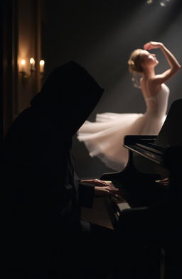 A mysterious person playing a grand piano, shrouded in shadows with only soft light illuminating their face, creating an aura of intrigue