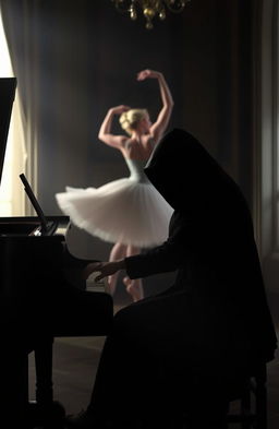 A mysterious person playing a grand piano, shrouded in shadows with only soft light illuminating their face, creating an aura of intrigue