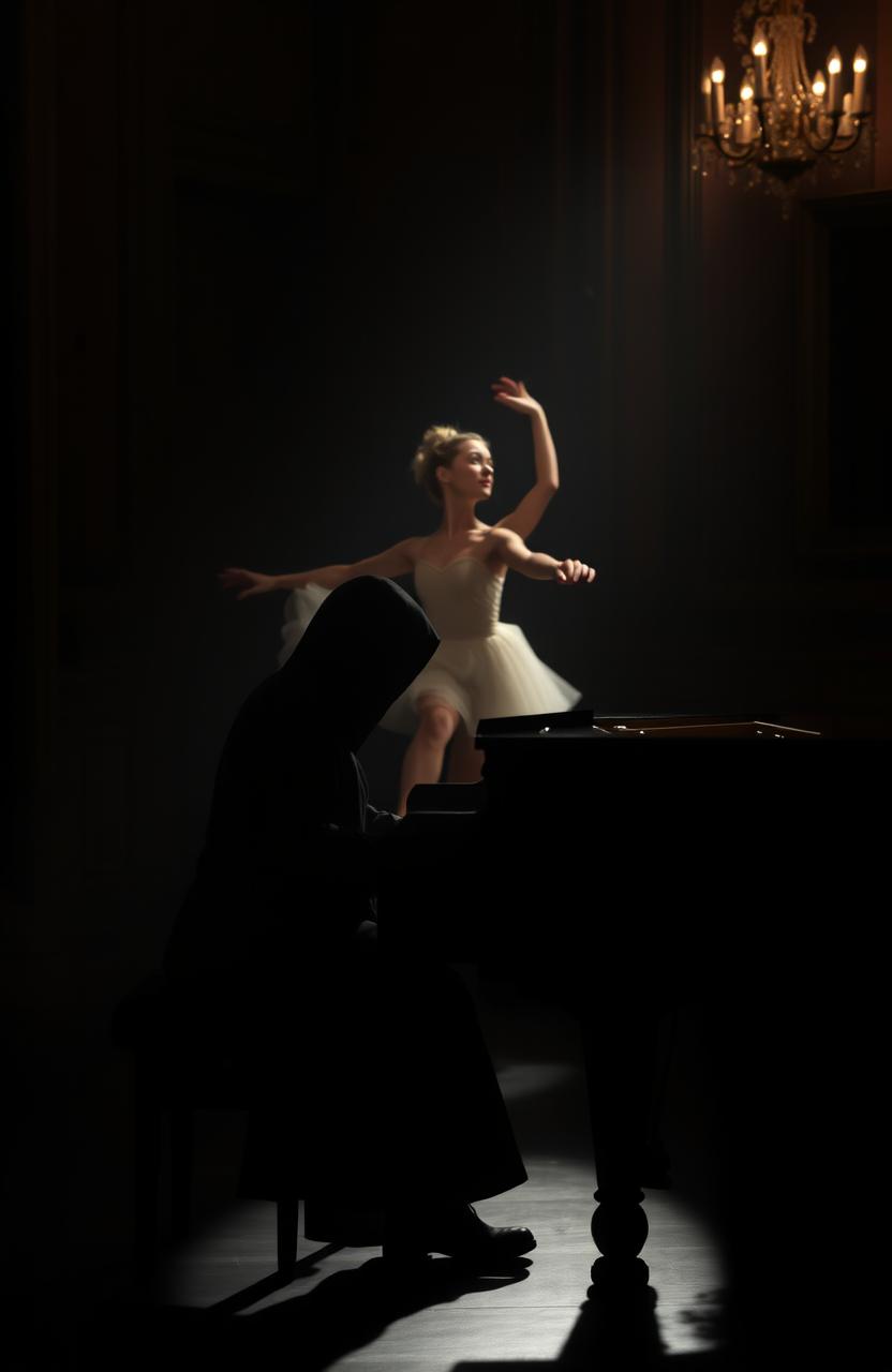 A mysterious person playing a grand piano, shrouded in shadows with only soft light illuminating their face, creating an aura of intrigue