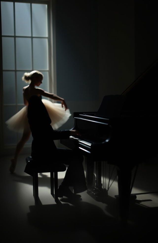 A mysterious person playing a grand piano, shrouded in shadows with only soft light illuminating their face, creating an aura of intrigue