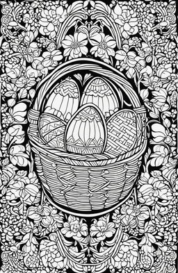 A detailed black and white colouring book page featuring a basket filled with intricately designed Easter eggs