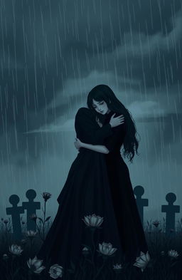 A somber scene depicting a lesbian couple embracing each other in a dark, atmospheric environment, surrounded by symbols of grief such as wilting flowers and shadowy silhouettes of deceased loved ones