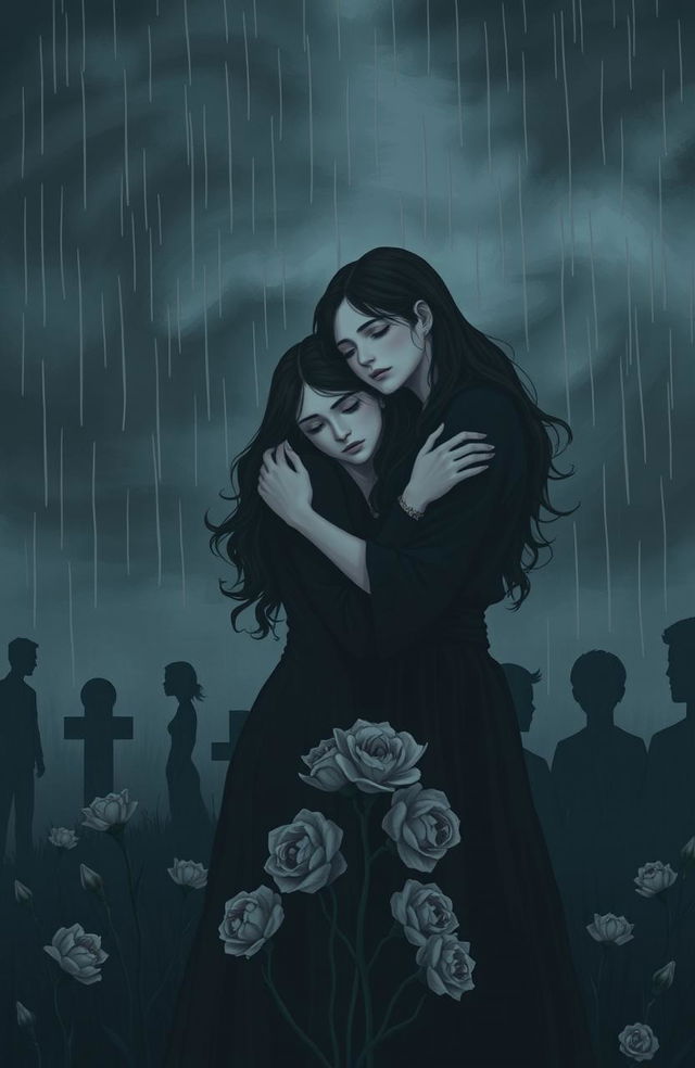 A somber scene depicting a lesbian couple embracing each other in a dark, atmospheric environment, surrounded by symbols of grief such as wilting flowers and shadowy silhouettes of deceased loved ones