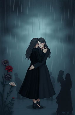 A somber scene depicting a lesbian couple embracing each other in a dark, atmospheric environment, surrounded by symbols of grief such as wilting flowers and shadowy silhouettes of deceased loved ones