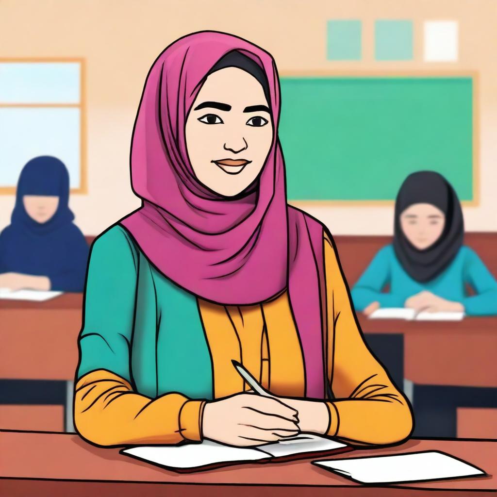 A vibrant digital art image showcasing a female teacher in Indonesia, wearing a hijab