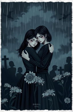 A somber scene depicting a lesbian couple embracing each other in a dark, atmospheric environment, surrounded by symbols of grief such as wilting flowers and shadowy silhouettes of deceased loved ones
