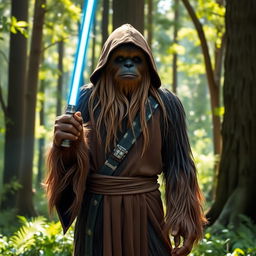 A Wookiee Jedi wearing a traditional brown robe, standing in a forest setting surrounded by tall trees and dappled sunlight filtering through the leaves