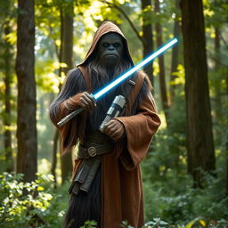 A Wookiee Jedi wearing a traditional brown robe, standing in a forest setting surrounded by tall trees and dappled sunlight filtering through the leaves